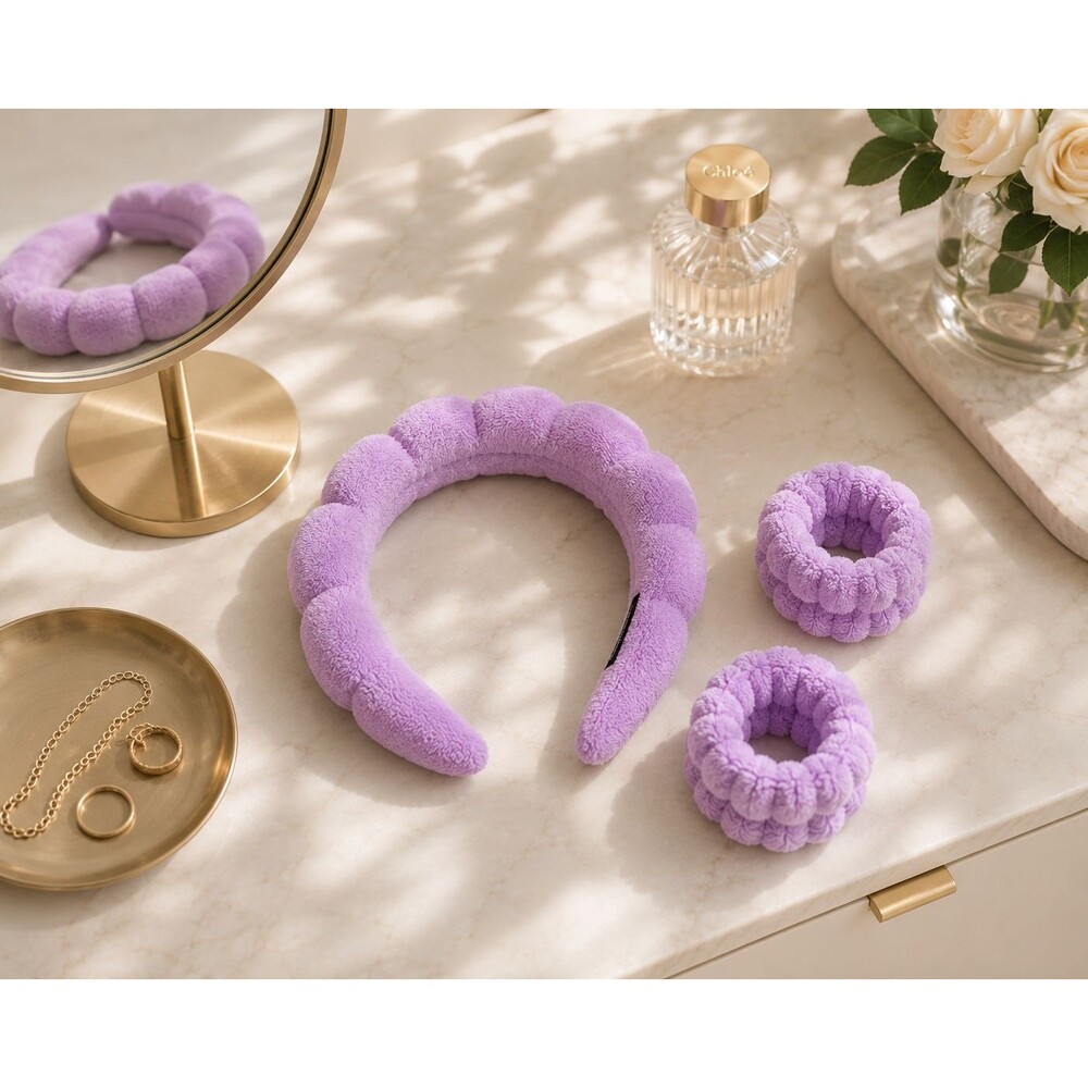 Purple Puffy Terry Cloth Spa Headband & Wrist Wash Band Set‎ Skincare Makeup NEW